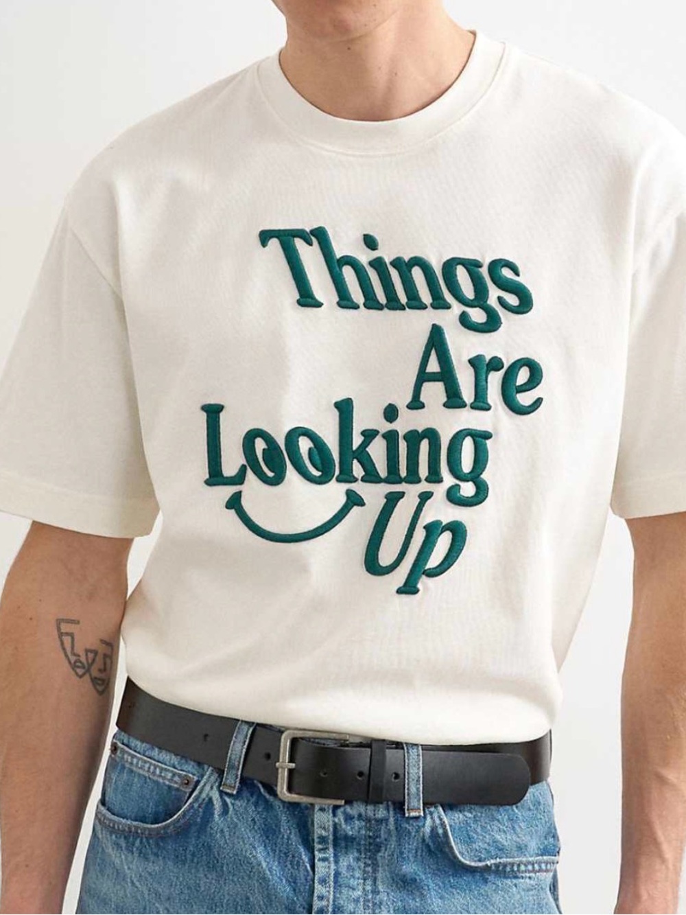 NWT Topman Cream Embroidered Graphic Tee with Green 'Things Are Looking Up' Text